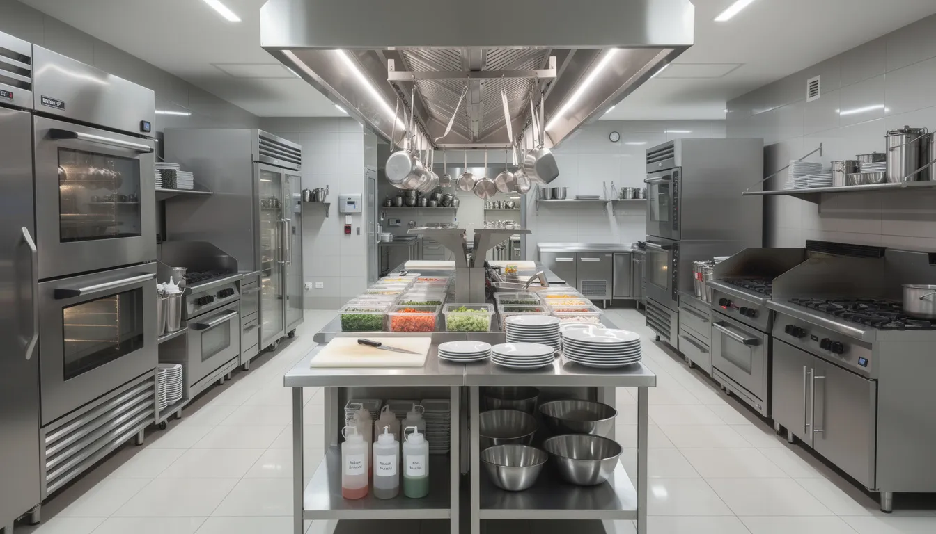 The image depicts a commercial restaurant kitchen featuring stainless steel equipment and well-organized prep stations, highlighting the operational efficiency essential in the restaurant industry. This environment showcases the integration of ai technologies that enhance food preparation and inventory management, ultimately improving the dining experience for customers.