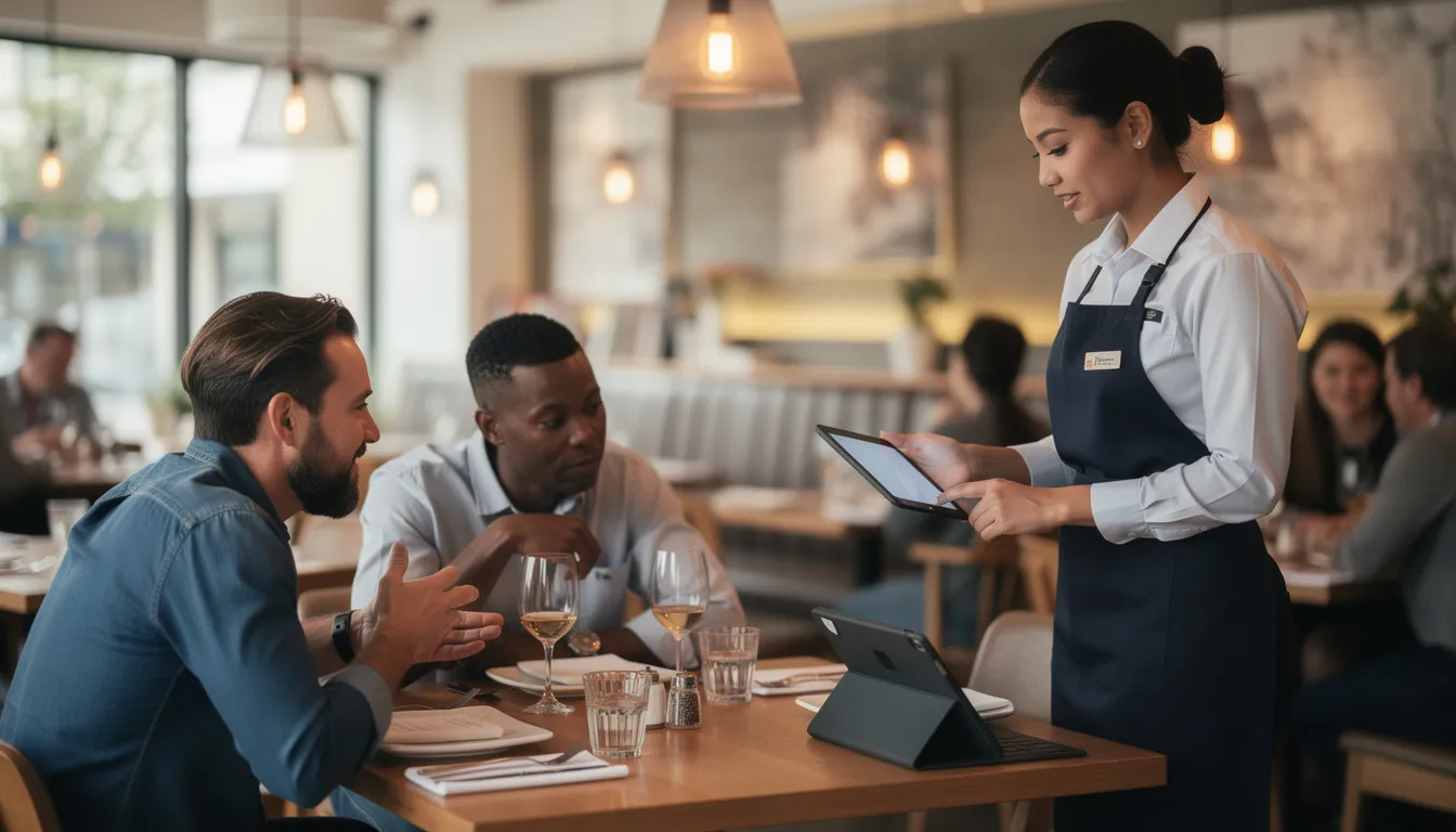 A restaurant server is using a tablet to take an order from guests seated at a table, showcasing the integration of AI-powered solutions in the dining experience. This technology enhances customer interactions and streamlines restaurant operations, contributing to improved customer satisfaction and operational efficiency.