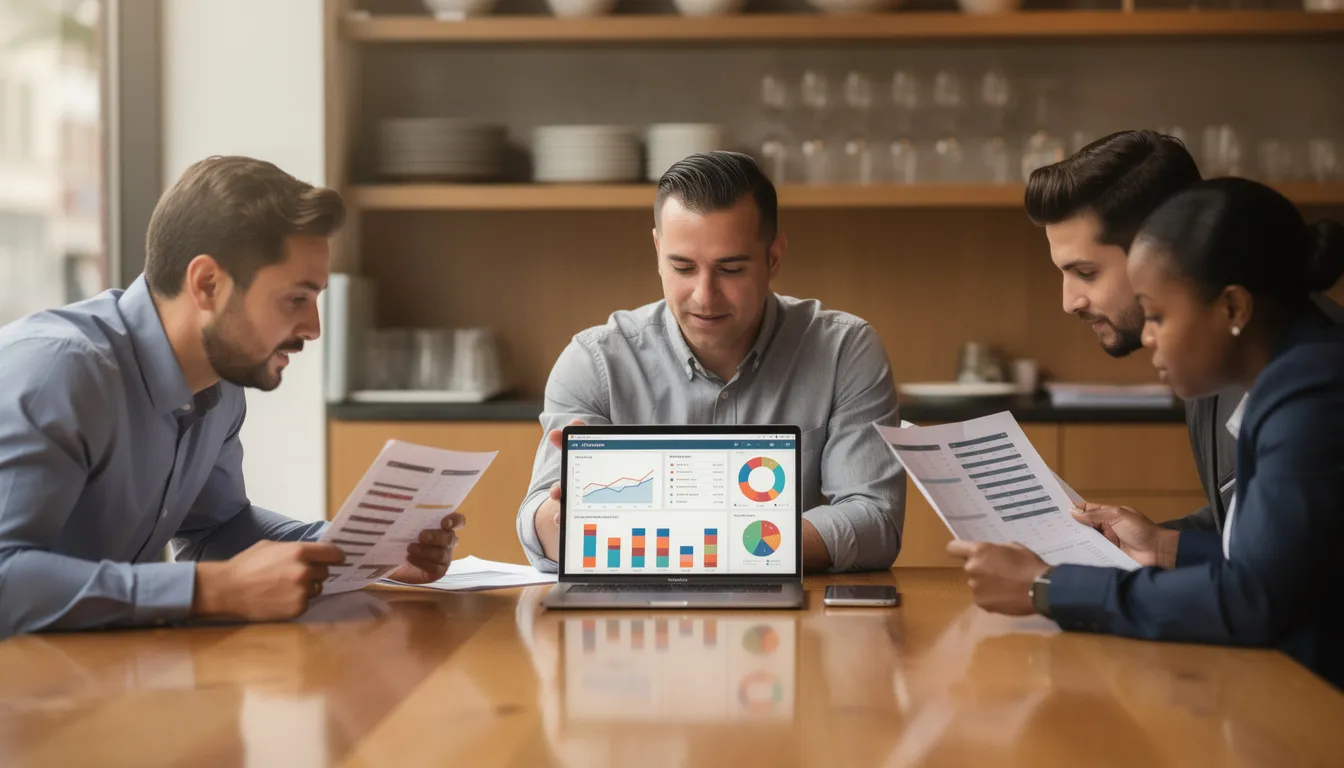 A diverse restaurant team is gathered around a table, focused on reviewing data on a laptop, utilizing AI tools to enhance operational efficiency in the restaurant industry. They are analyzing historical data to improve inventory management and reduce food waste, aiming to elevate the dining experience for customers.